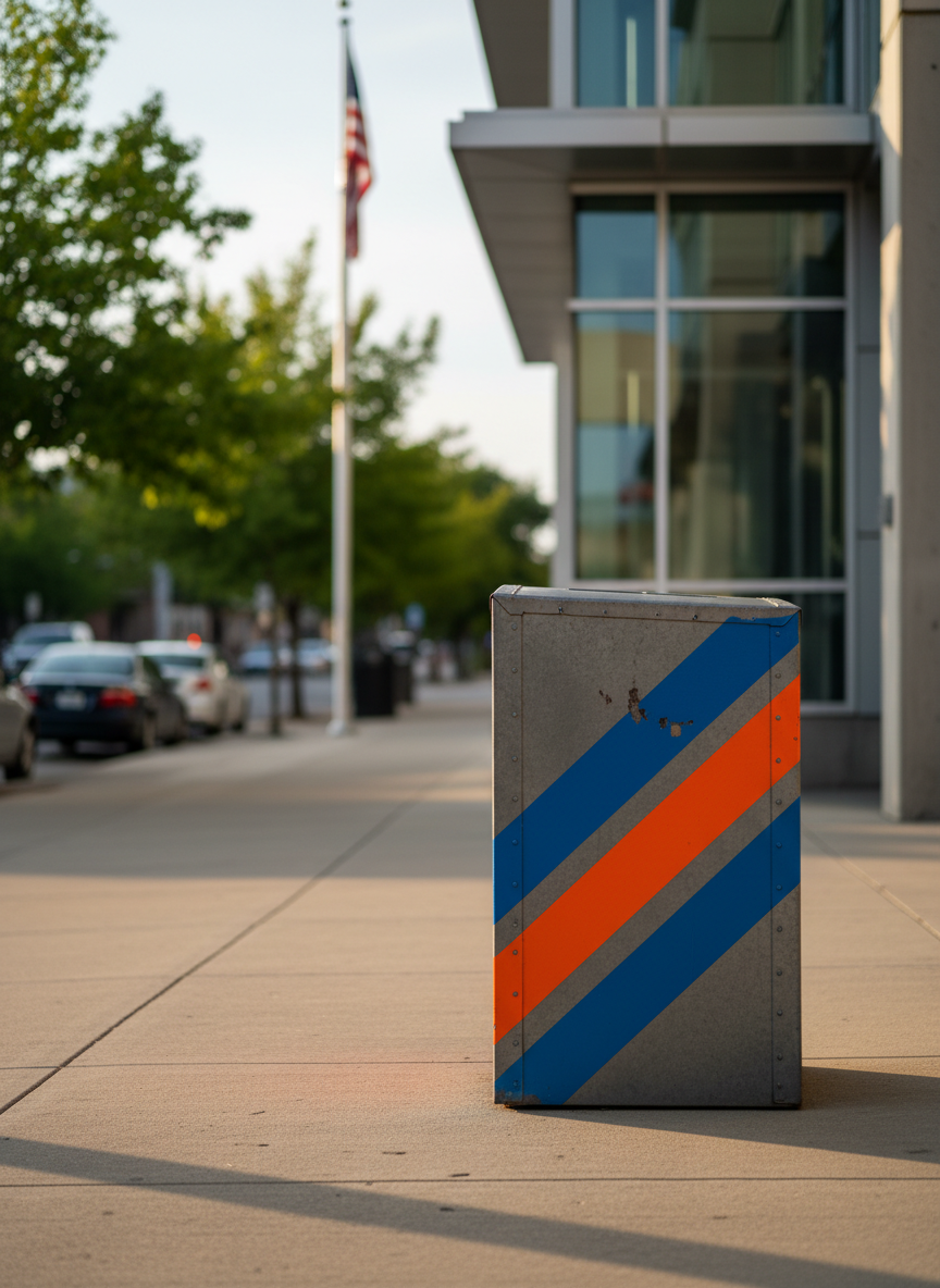A sturdy metal ballot drop box with a matte gray finish and bold, contrasting stripes, standing firmly on a clean concrete sidewalk outside a modern civic building. The background shows a shallow-focus streetscape with blurred trees, parked cars, and a flagpole, hinting at a busy local community. Late-afternoon golden light creates crisp highlights along the box’s edges and casts a strong, angular shadow that adds drama. Photographic realism, shot from a slightly low angle to give the box a commanding presence, rule-of-thirds composition, with a bold and dynamic mood that suggests the power of local participation in public affairs.