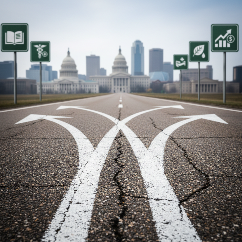 A rugged, well-worn asphalt road painted with bright white directional arrows diverging into multiple lanes, stretching towards a hazy skyline of diverse government and civic buildings. Roadside signs show abstract, icon-like symbols for education, healthcare, environment, and economy, all slightly out of focus. Soft overcast daylight flattens harsh shadows but creates a moody, contemplative atmosphere. Captured from a low, centered angle with strong leading lines, photographic realism emphasizes the road’s texture and tiny pebbles. The composition feels bold and symbolic, representing tough choices in public policy and the intersecting paths of local, state, and national debates.