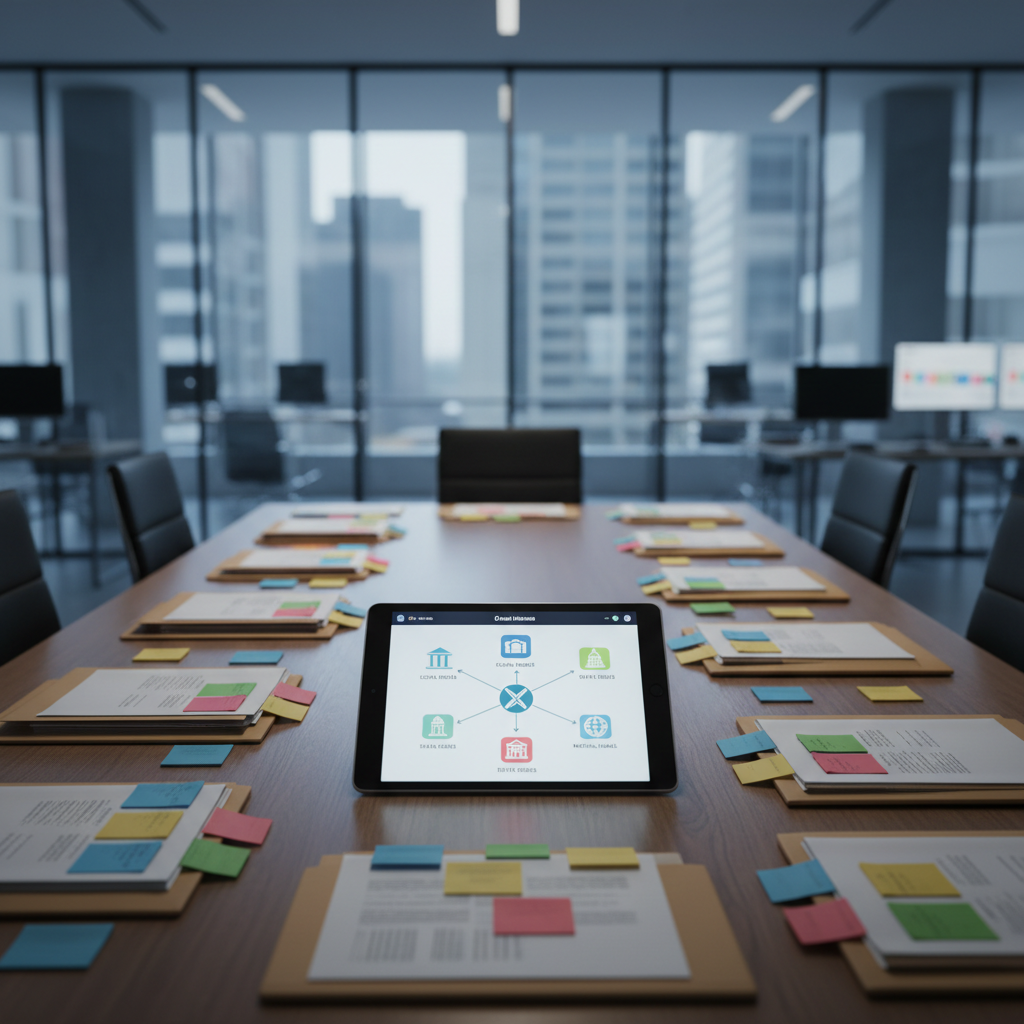 A large wooden conference table covered with neatly arranged folders, color-coded sticky notes, and a digital tablet displaying a detailed chart of local, state, and national issue icons. The table sits in a minimalist, glass-walled newsroom-style office, with blurred monitors and city buildings visible in the background. Cool, diffused daylight spills in from floor-to-ceiling windows, creating soft reflections on the tablet’s screen and subtle shadows around the paper edges. Shot at eye level with a shallow depth of field, focusing on the chart, the photographic image feels analytical and bold, evoking investigative commentary and critical public affairs discussion.